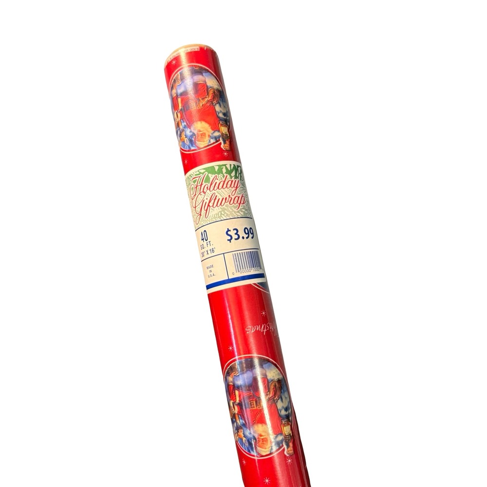 Vintage Christmas Gift Wrap Santa Claus Red Holiday Wrapping Paper USA 40‎ SQFT